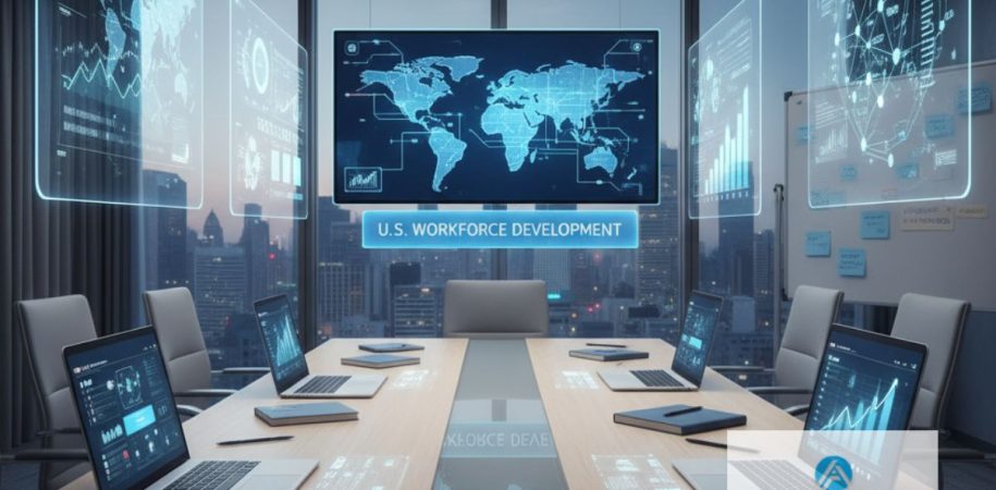 Modern office desk setup with digital training tools, graphs, notebooks, and glowing nodes symbolizing teamwork and corporate workforce development in the USA, with no people.