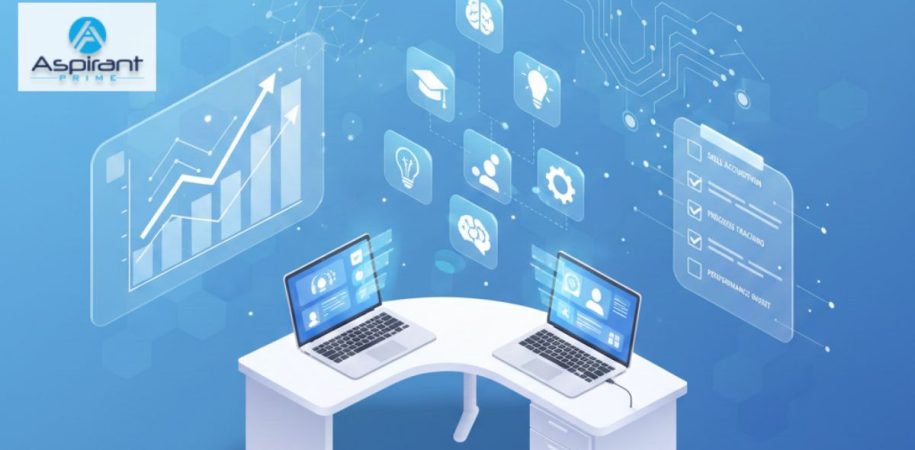 High-tech 3D isometric illustration of a corporate training desk with two open laptops, floating skill development icons
