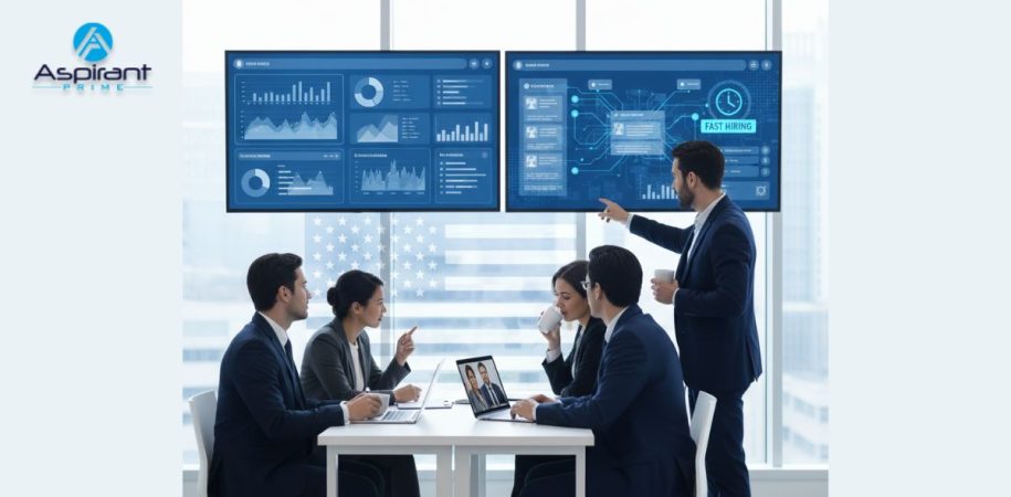 IT recruiters analyzing candidate profiles and hiring data in a modern US corporate office.