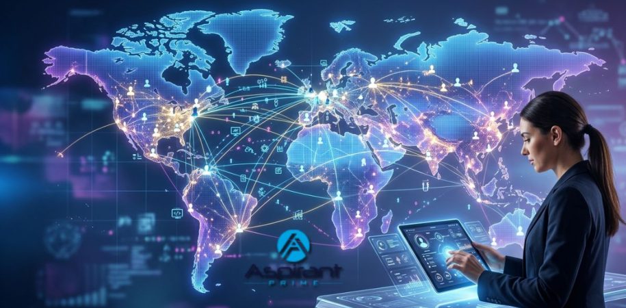 Technology-driven recruitment team analyzing hiring data in a modern office.